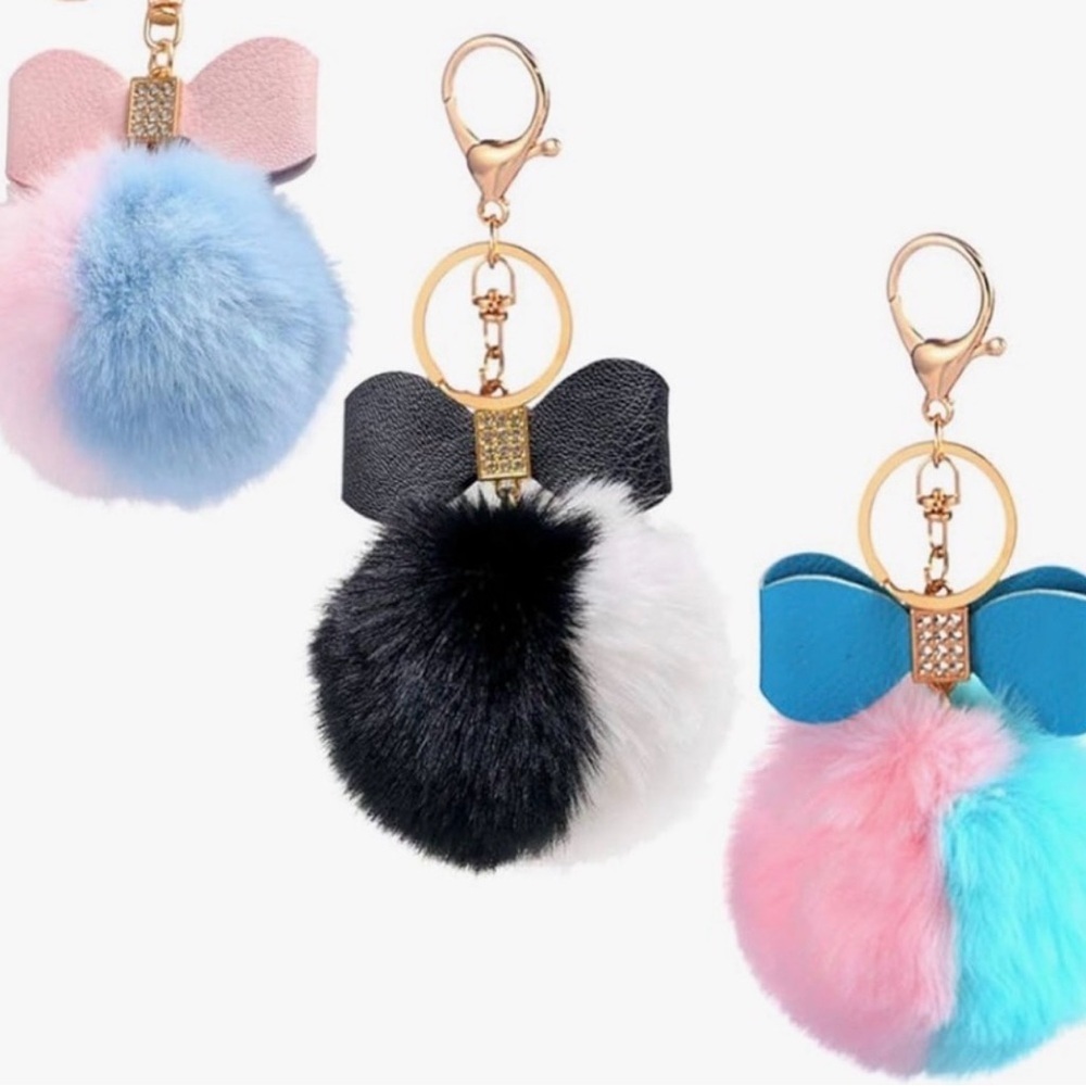 Black White Faux Fur Pom Pom Keychain Crystal Bow